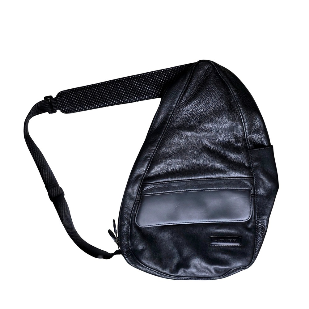 LL Bean Traveler Ameribag Healthy Back Bag Black Leather Sling Backpack Lg